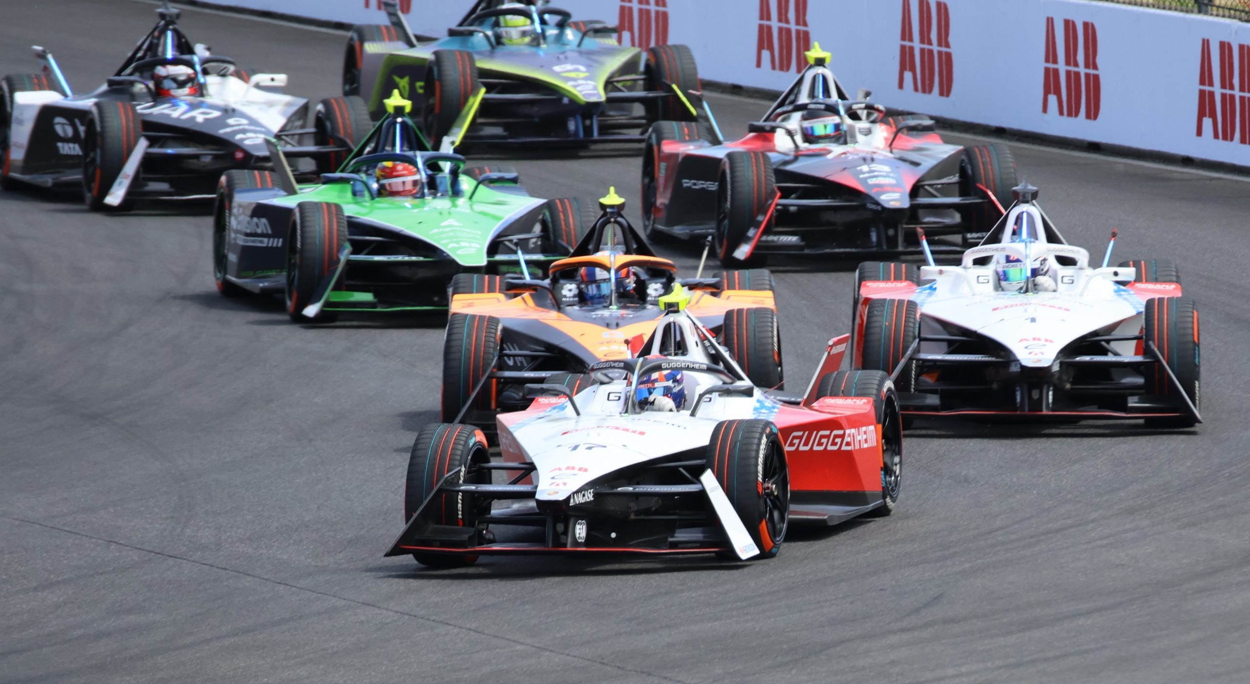 Andretti Formula E driver Norman Nato leads the pack into turn 1 at Portland International Raceway