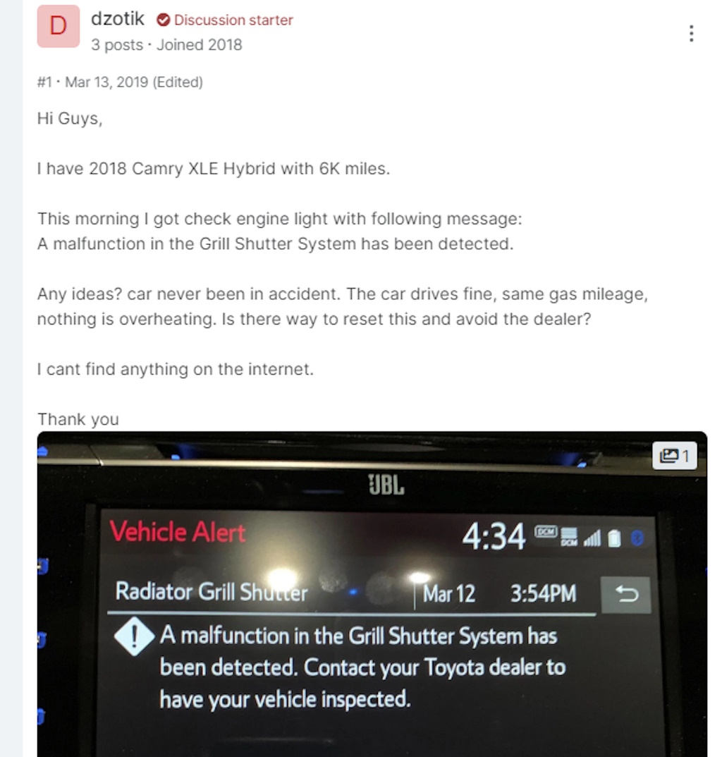 Camry Active Grille Shutter Failure